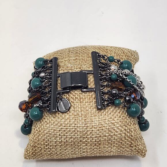 Talbots Multi Chain Beaded Layered Bracelet Gunmetal Gray Teal Brown Boho Chunky - Picture 2 of 6